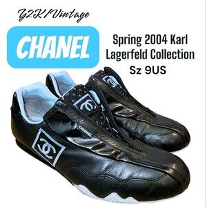 CHANEL Sz9 Y2K Vtg Spring 2004 Karl Lagerfeld AOP CC Logo Zip/Lace Leather Shoes